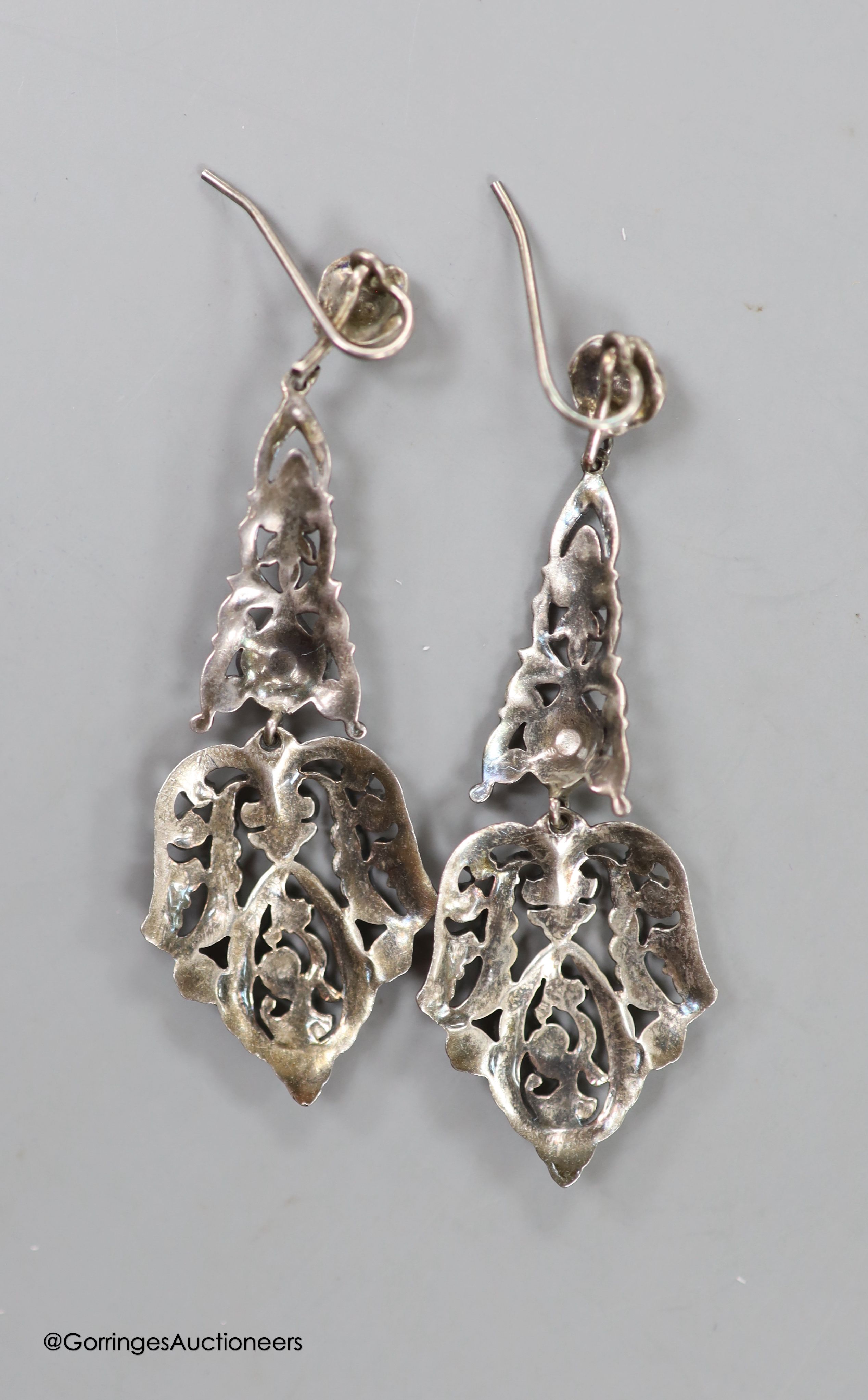 A pair of white metal and marcasite set drop earrings, 63mm.